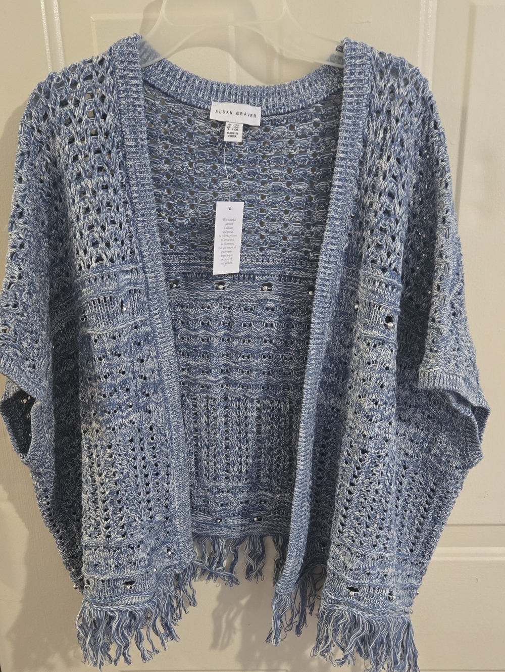 NWT Susan Graver Blue Beaded Open Knit Fringe Cardigan Kimono M/L Western Boho